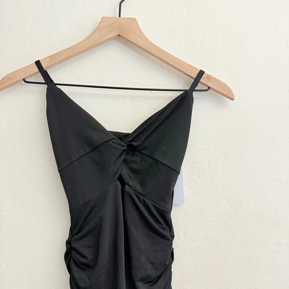 KATIEJ NYC Women's Black Spaghetti Strap Ruched Mini Dress Medium NWT